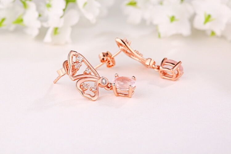 Women\'s Butterfly Shaped 925 Sterling Silver Amethyst/Rose Quartz Earrings with White Gold/Rose Gold Plating